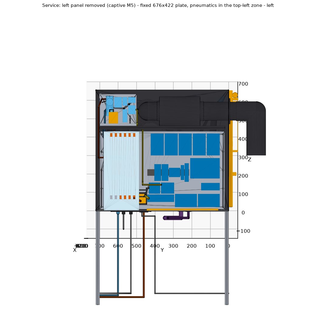 Left panel off: air parts at top, electronics plate below